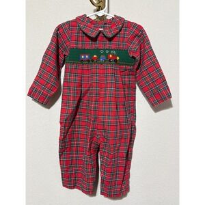 Vintage House of Hatten Smocked Romper Kids 18M Red Plaid Train Holiday